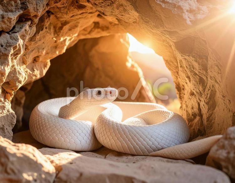 神々しい光の洞窟の中にたたずむ白い蛇 洞窟,光,蛇神の写真素材