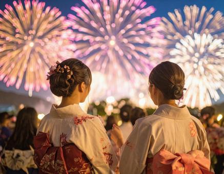 花火大会で花火を見ている浴衣の女性 花火大会で花火を見ている浴衣の女性の写真