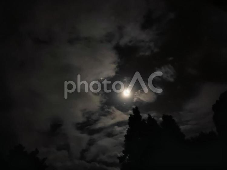 秋の満月の日の夜空 満月,月の光,夜の写真素材
