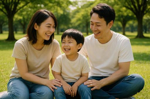 公園で幸せなひと時を過ごす家族 公園で幸せなひと時を過ごす家族の写真
