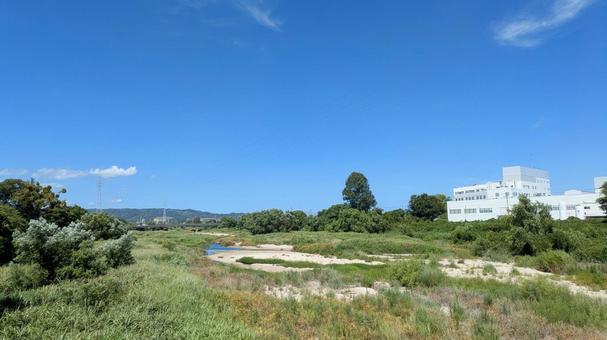 Photo, aosha river, imabari city, blue sky, 