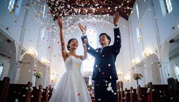 紙吹雪が舞い落ちる教会の新郎新婦 紙吹雪が舞い落ちる教会の新郎新婦の写真