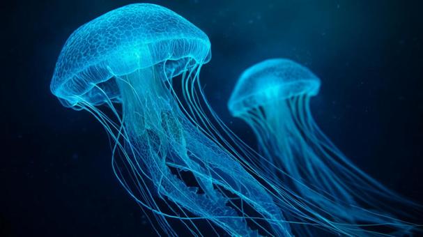 幻想的な輝きを放つ、深海の青いクラゲ 幻想的な輝きを放つ、深海の青いクラゲの写真