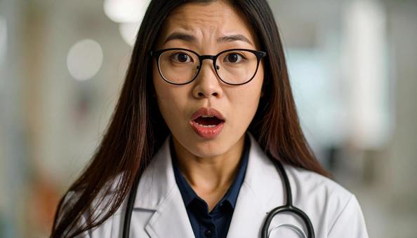 驚いた表情の女性医師 驚いた表情の女性医師の写真