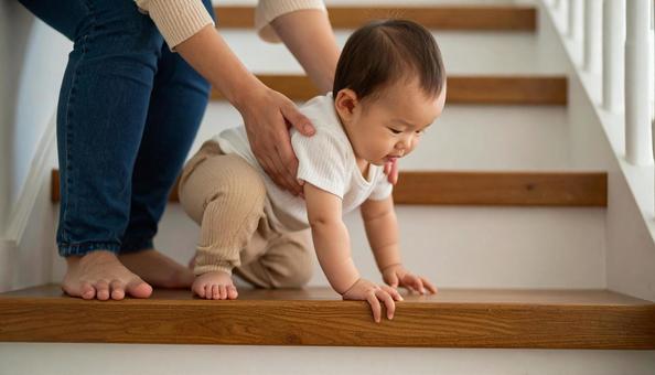 階段を下りるのが楽しい子供と見守る母親 階段を下りるのが楽しい子供と見守る母親の写真