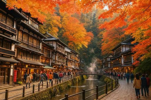 明るく賑やかな温泉街の紅葉風景 明るく賑やかな温泉街の紅葉風景の写真