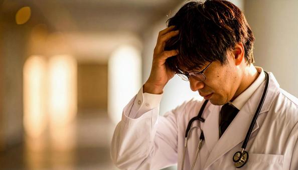 頭をぐしゃぐしゃにして悩む日本人男性医師 頭をぐしゃぐしゃにして悩む日本人男性医師の写真