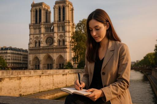 ノートルダム前の夕暮れ女性 ノートルダム前の夕暮れ女性の写真