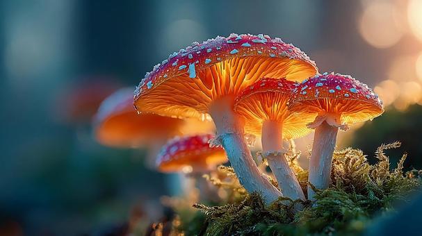 森で逆光に透けて光るキノコの群れ 森で逆光に透けて光るキノコの群れの写真