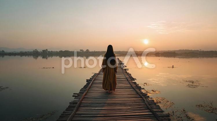 光に包まれた湖畔の桟橋を歩く旅人 桟橋,湖,夕焼けの写真素材