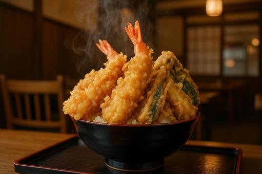 丼からはみ出すほどの大盛り天丼 丼からはみ出すほどの大盛り天丼の写真