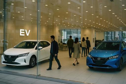 ショールームに展示された複数の電気自動車 ショールームに展示された複数の電気自動車の写真