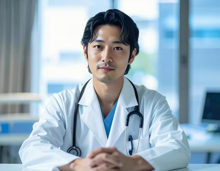 誠実な眼差しで座る男性医師の写真