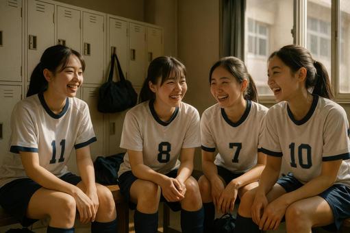 部室で笑う女子サッカー部員 部室で笑う女子サッカー部員の写真
