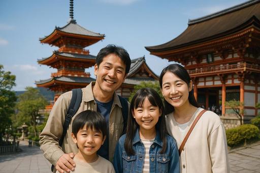 日本の寺院と笑顔の家族 日本の寺院と笑顔の家族の写真