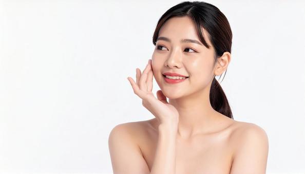 ビューティー 肌を満足げに触る女性 ビューティー 肌を満足げに触る女性の写真