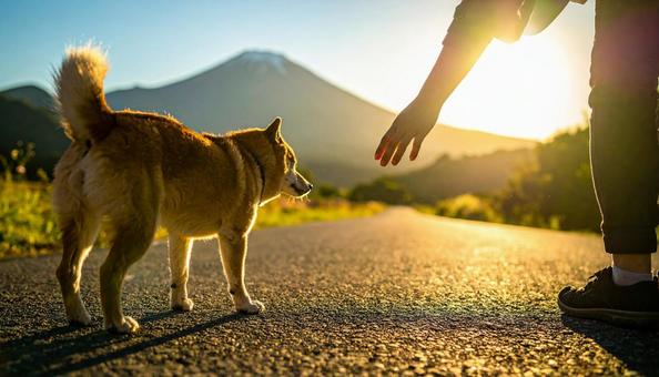 真夏、愛犬との散歩前に地面の温度を確認の写真