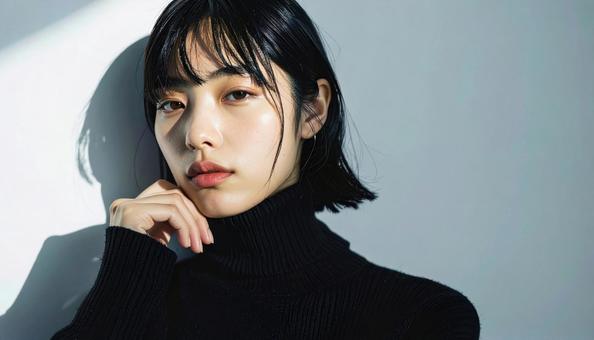 黒タートルネックの女性のポートレート 黒タートルネックの女性のポートレートの写真