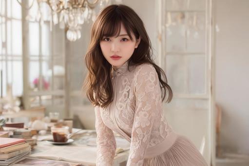 花柄レースのブラウスを着た女性 花柄レースのブラウスを着た女性の写真