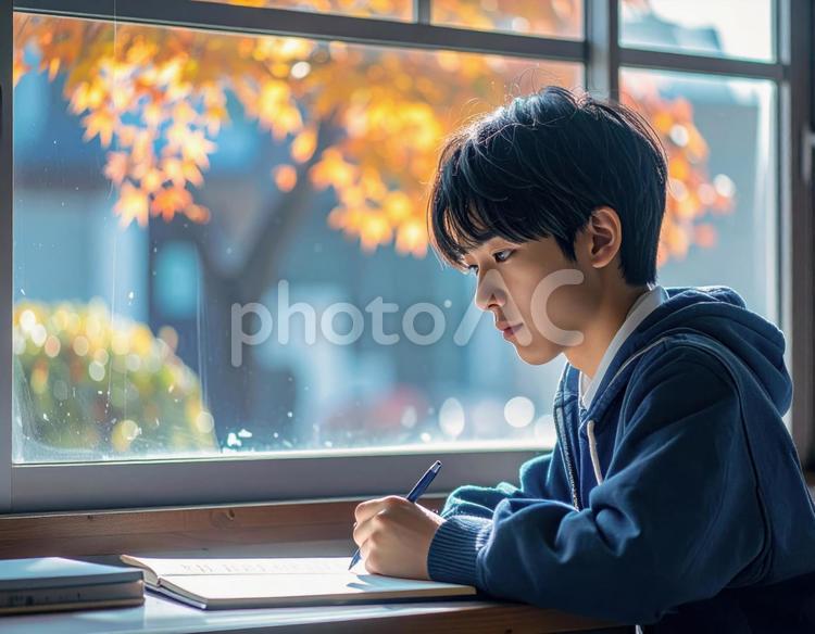秋の教室で勉強に集中する男子学生 男子学生,高校生,学生の写真素材