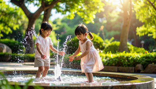 公園の噴水で水遊びする夏の日本人の子供 公園の噴水で水遊びする夏の日本人の子供の写真