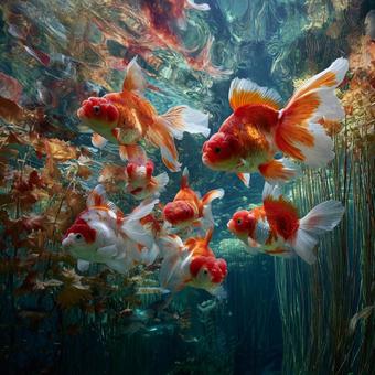 鮮やかな水草と共に泳ぐ色鮮やかな金魚たち 鮮やかな水草と共に泳ぐ色鮮やかな金魚たちの写真