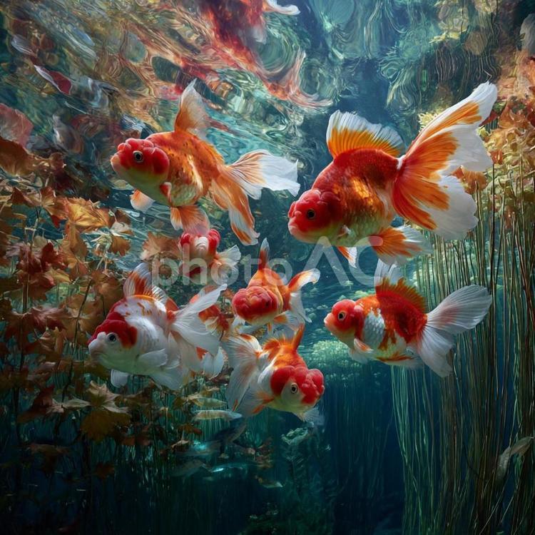 鮮やかな水草と共に泳ぐ色鮮やかな金魚たち 金魚,水槽,魚の写真素材