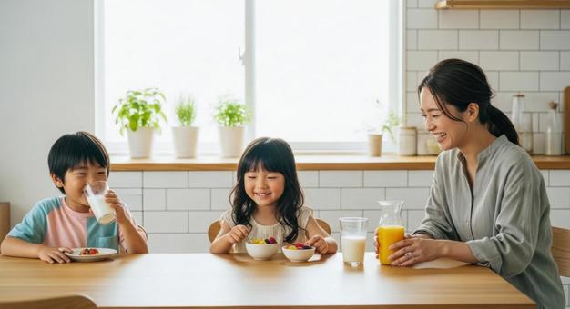 母と子供2人が食卓にいる朝食シーンの写真