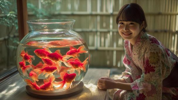 水槽を泳ぐ金魚と浴衣を着た女性 水槽を泳ぐ金魚と浴衣を着た女性の写真