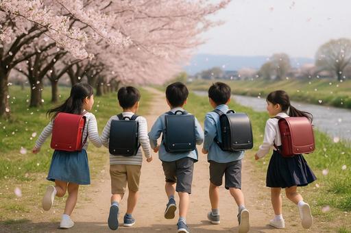 桜が舞う中走る小学生の写真