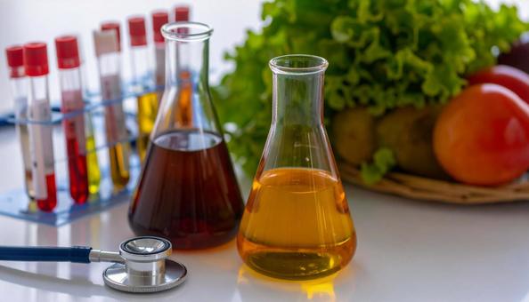 医学イメージ 聴診器と赤と黄色の試薬 医学イメージ 聴診器と赤と黄色の試薬の写真