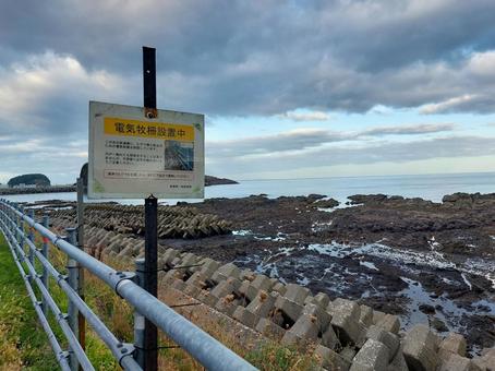 ヒグマ侵入防止の電気牧柵：ウトロの海岸 クマ対策,侵入防止,ヒグマの写真素材