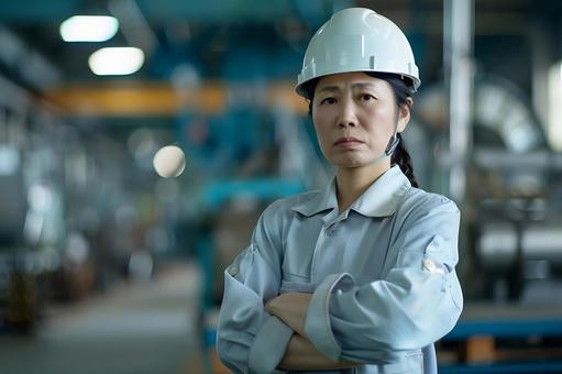 製造工場で困った表情の日本人女性管理者 製造工場で困った表情の日本人女性管理者の写真