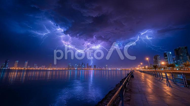 稲妻と都市の夜景 雷,夜景,都市の写真素材