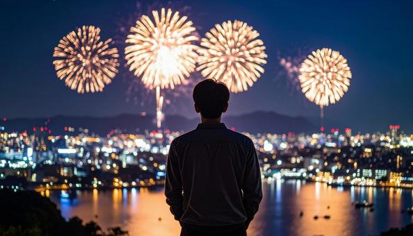 夜景と花火を見つめる少年の後ろ姿 夜景と花火を見つめる少年の後ろ姿の写真