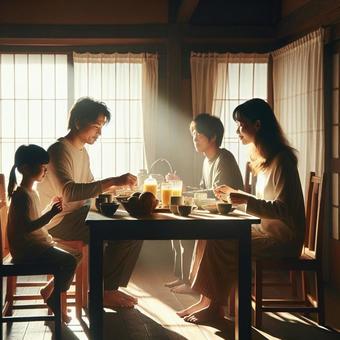 温かい光の中での家族の食事の写真