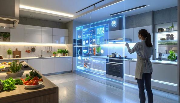 ホログラム見ながらキッチンに立つ女性の写真