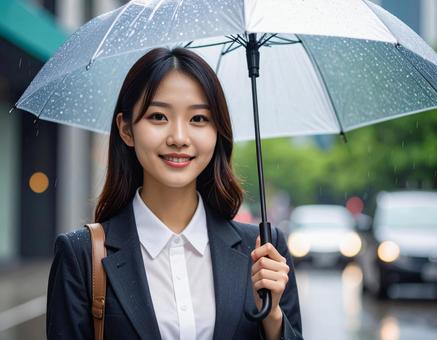 傘を差す日本人の女性会社員 傘を差す日本人の女性会社員の写真