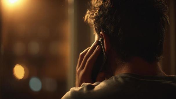 夜の通話：考える男性の後ろ姿の写真