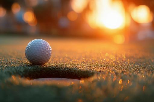 緑の芝生に映えるゴルフボールと沈む太陽の写真
