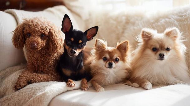 室内でソファに並んでくつろぐ4匹の小型犬 室内でソファに並んでくつろぐ4匹の小型犬の写真