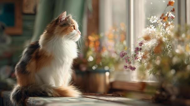 窓辺で外を見つめる可愛い猫 窓辺で外を見つめる可愛い猫の写真