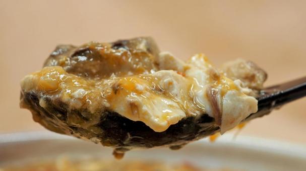 手作り・鯖の麻婆豆腐（食べるシーン） 鯖の麻婆豆腐,鯖,麻婆豆腐の写真素材