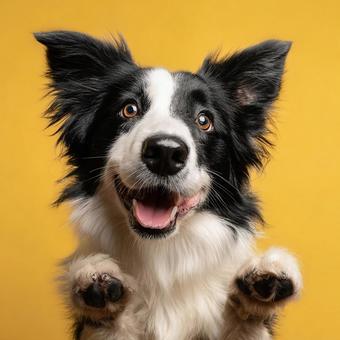 カメラに手を挙げる可愛い犬 カメラに手を挙げる可愛い犬の写真