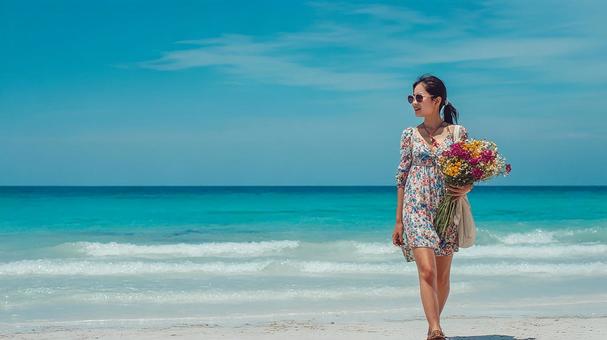 青い海と空の下、サングラスをかけた女性 青い海と空の下、サングラスをかけた女性の写真