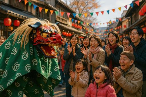 新春の獅子舞と観客 新春の獅子舞と観客の写真