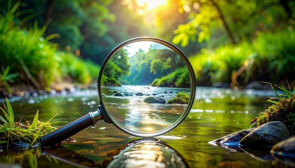 自然の川の流れを見る虫眼鏡の写真