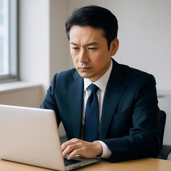 ノートPCでメールを確認する中堅社員 ノートPCでメールを確認する中堅社員の写真