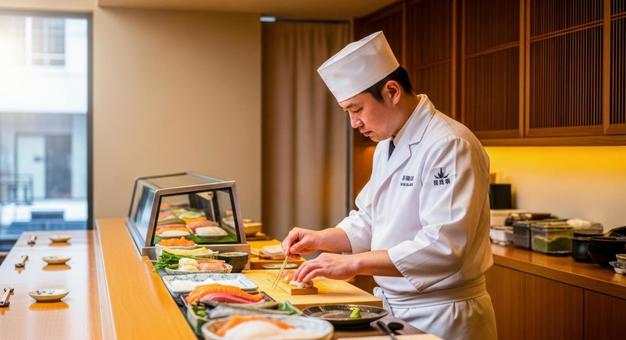 高級寿司店の店内と職人の調理風景の写真