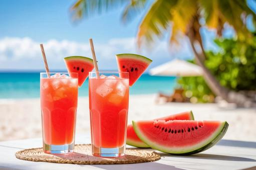 夏のリゾート地で飲むスイカのジュース 夏のリゾート地で飲むスイカのジュースの写真